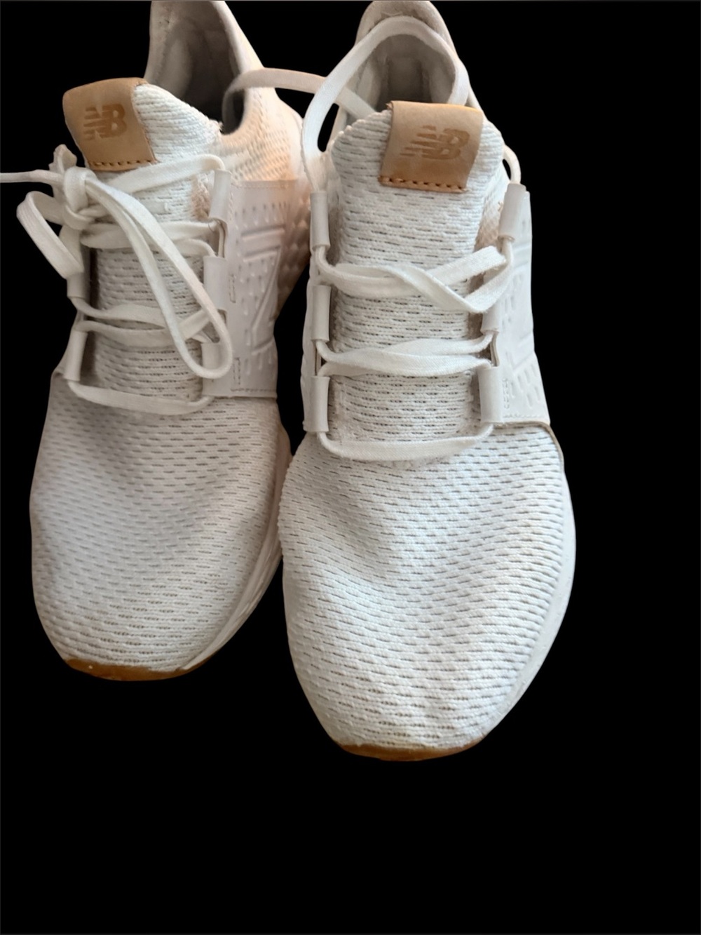 New Balance Women White Knit Sneakers with Tan Accents